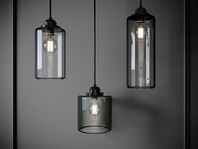 Three Modern Glass Pendant Lights with Cylindrical Shades Hanging Illuminated in Neutral Background 3d model