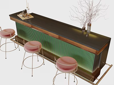 Stylish Modern Bar Counter With Black Top Green Striped Panels And Pink Padded Stools 3d model