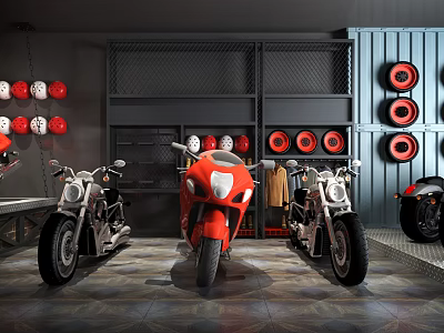 Red And Black Motorcycles In Garage Showroom With Tire Decor And Shelves 3d model
