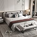 Modern Bedroom Interior with Double Bed Multiple Pillows Bedside Lamps and Bench 3d model