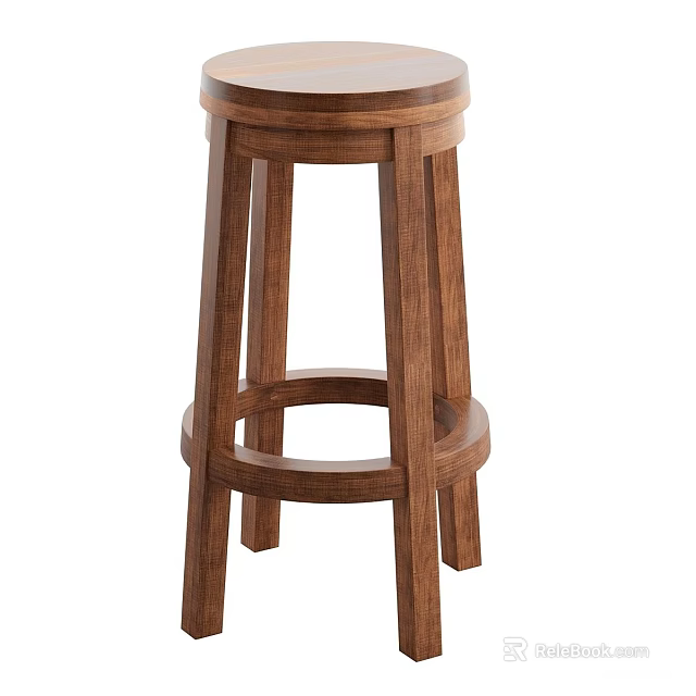 Wooden Bar Stool With Round Seat And Rings Support Sturdy Structure 3d model 
