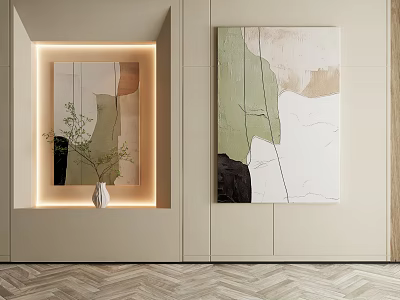 Abstract Painting In Modern Interior With Neutral Tones Decorative Vase And Soft Lighting 3d model