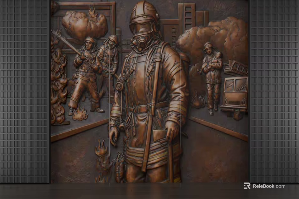 Brass Relief Background Wall Featuring Firefighter Rescue Scene With Fire Truck And Flames 3d model 