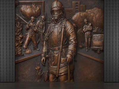 Brass Relief Background Wall Featuring Firefighter Rescue Scene With Fire Truck And Flames 3d model