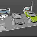 Modern Car Exhibition Stand Display With Gray And Green Vehicles Screens And Furniture