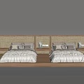 Minimalist Double Bed In Background With Wooden Headboard And White Bed Sheets