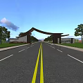 Modern Arched Top Entrance Gate With Wide Road Cars And Green Trees Around