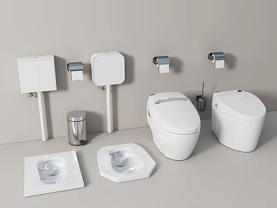 Modern Toilet Designs With Wall Mounted Tanks Toilet Paper Holders And Trash Can 3d model