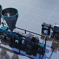 Industrial Machinery Setup With Cone Shaped Hoppers Blue Pipes Motors And Metal Structures