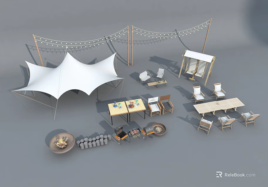Cozy Outdoor Event Setup With White Canopy Tent Tables Chairs Bonfire And String Lights 3d model 