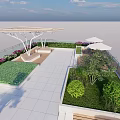 Roof Garden With Seaside Night View White Pergola Green Plants And Stone Paved Seating Area