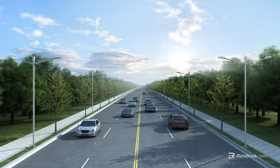 Wide Municipal Road Lined With Trees And Street Lamps With Cars Driving On Clear Day 3d model 