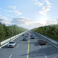 Wide Municipal Road Lined With Trees And Street Lamps With Cars Driving On Clear Day