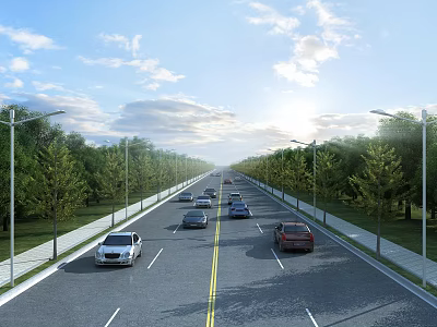 Wide Municipal Road Lined With Trees And Street Lamps With Cars Driving On Clear Day 3d model