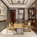 Chinese Traditional Interior Design Featuring Wooden Dining Table Chairs Display Cabinet Sofa And Chandelier