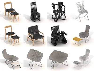 Modern Leisure Chairs With Various Woven Wooden And Metal Frame Designs And Ottomans 3d model