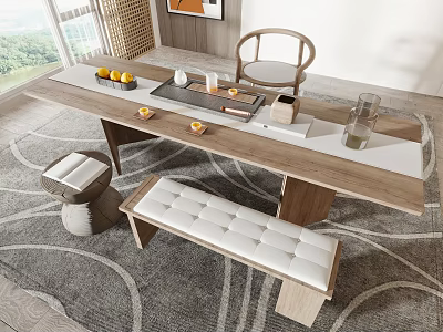 Modern Wooden Tea Table and Chairs with Cushioned Bench in Bright Room with Natural Light 3d model