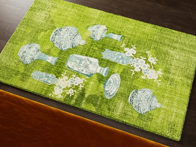 Green Square Rug With White Vase Plate And Flower Patterns On Dark Floor 3d model