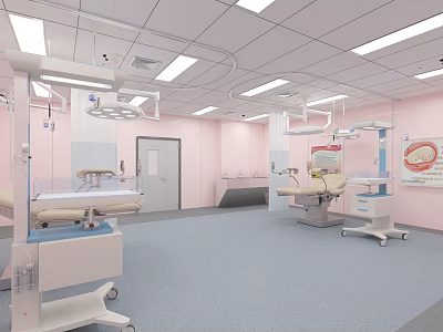 Modern Operating Room Interior With Pink Walls Blue Flooring Surgical Tables And Medical Equipment 3d model