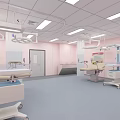Modern Operating Room Interior With Pink Walls Blue Flooring Surgical Tables And Medical Equipment