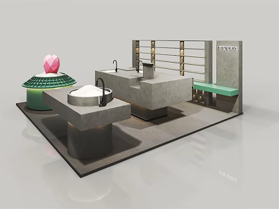 Modern Exhibition Display Shelves With Concrete Counter And Green Bench 3d model