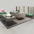 Modern Exhibition Display Shelves With Concrete Counter And Green Bench