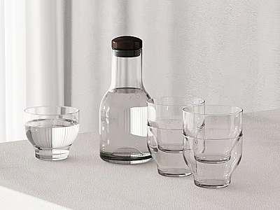 Clear Drinking Glasses Filled With Water And Transparent Bottle On Light Table White Curtain 3d model