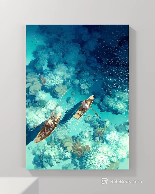 Aerial View Scenic Landscape With Two Canoes Paddling Over Underwater Coral In Blue Water 3d model 