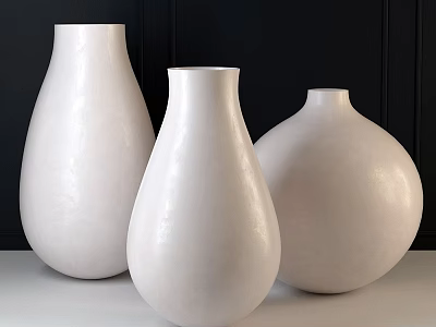 Decorative Ornament Set with Three White Ceramic Vases for Tabletop Display Against Dark Background 3d model