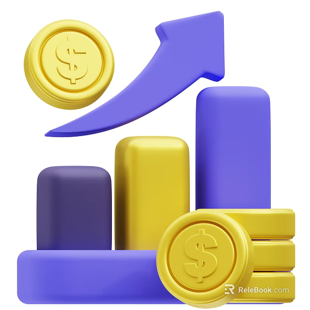 Decorative Ornament Set With Gold Coins Upward Arrow And Colorful Bar Chart 3d model 
