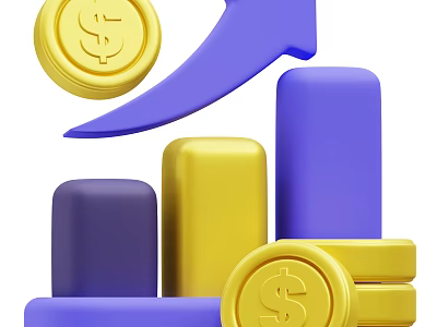 Decorative Ornament Set With Gold Coins Upward Arrow And Colorful Bar Chart 3d model