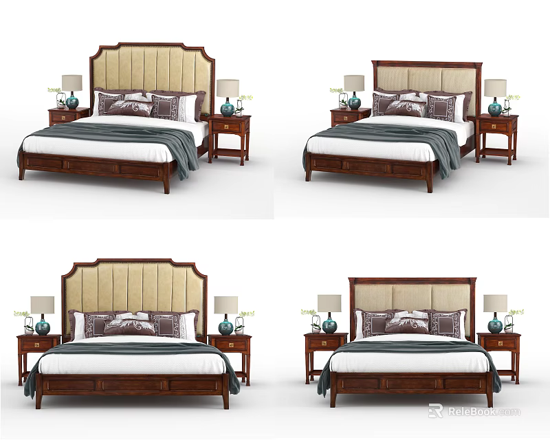 Classic Wooden Double Bed With Upholstered Headboard Nightstands Table Lamps And Green Plants 3d model 