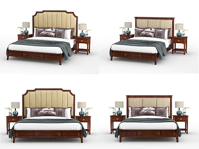 Classic Wooden Double Bed With Upholstered Headboard Nightstands Table Lamps And Green Plants 3d model