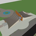 Modern Tourist Center Featuring Unique Roof Design Water Reflections And Green Surroundings