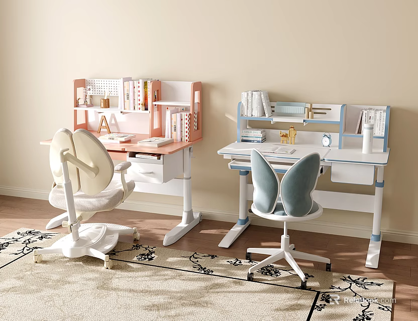 Pink and Blue Kids Desk with Butterfly Back Chairs Built in Bookshelves and Stationery 3d model 