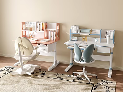 Pink and Blue Kids Desk with Butterfly Back Chairs Built in Bookshelves and Stationery 3d model