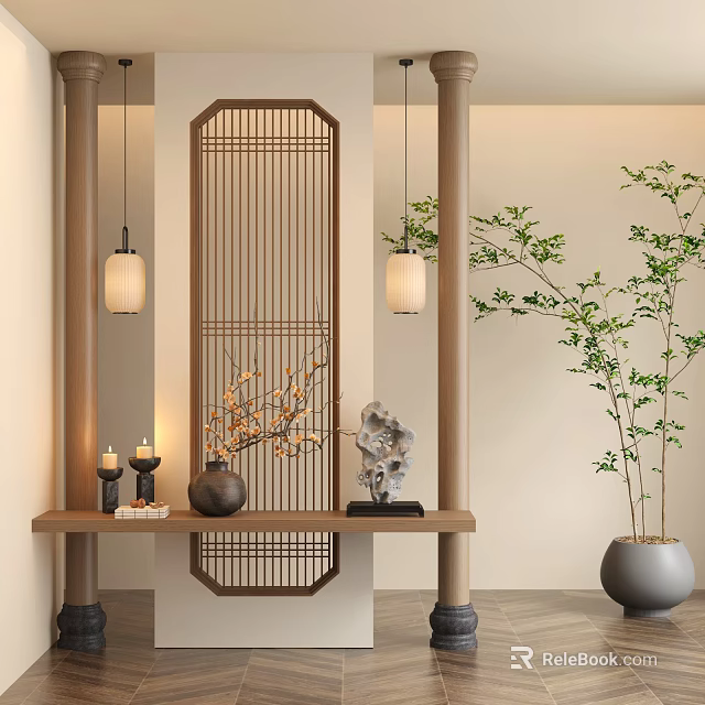 Chinese Style Wooden Partition With Vertical Slats And Hanging Lantern Lights In Interior 3d model 