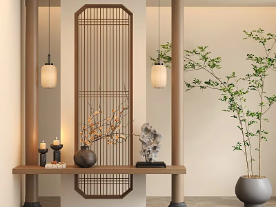 Chinese Style Wooden Partition With Vertical Slats And Hanging Lantern Lights In Interior 3d model