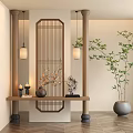 Chinese Style Wooden Partition With Vertical Slats And Hanging Lantern Lights In Interior