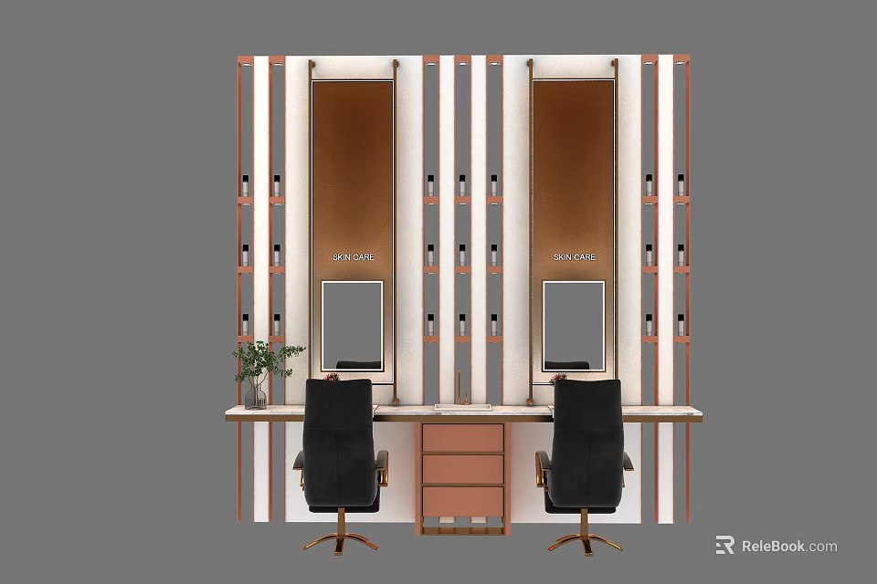 Modern Dressing Table With Double Mirrors Black Chairs And Wooden Cabinet 3d model 