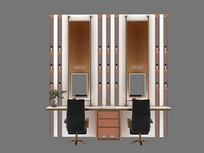 Modern Dressing Table With Double Mirrors Black Chairs And Wooden Cabinet 3d model