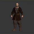 Man Wearing Medieval Robe With Belt And Brown Boots Standing Against Gray Background
