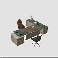 Modern Office Desk With Wooden Frame Marble Top Computer Monitor Table Lamp Brown Leather And Gray Chairs