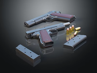 Two Classic Silver Handguns With Bullets And Magazines On Black Surface 3d model
