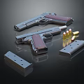 Two Classic Silver Handguns With Bullets And Magazines On Black Surface 3d model
