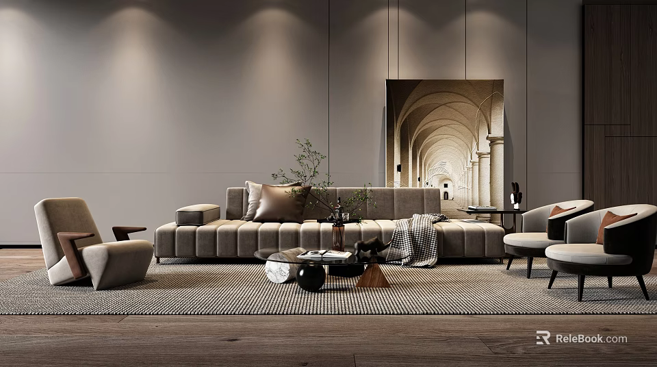 Modern Sofa and Coffee Table Set With Neutral Tones Decorative Items and Accent Chairs 3d model