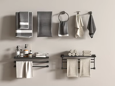 Bathroom Wall With Hanging Gray White Towels On Black Towel Racks And Bathroom Toiletries 3d model