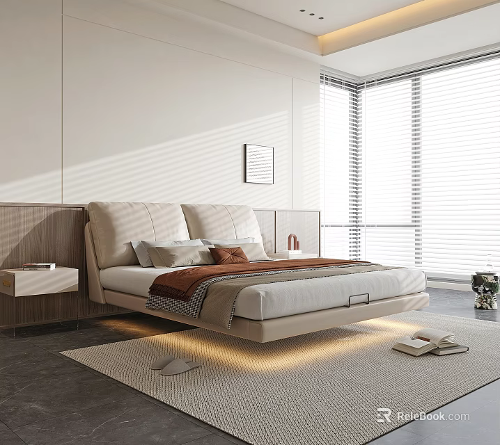 Modern Light Colored Double Bed With Upholstered Headboard Throw Blanket Nightstand And Bright Room Blinds 3d model 