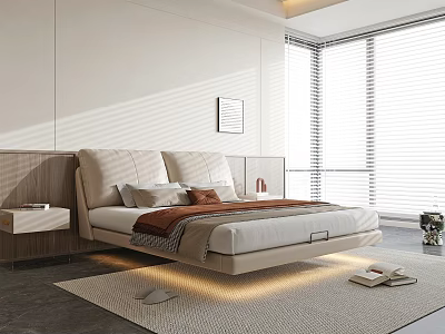Modern Light Colored Double Bed With Upholstered Headboard Throw Blanket Nightstand And Bright Room Blinds 3d model
