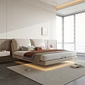 Modern Light Colored Double Bed With Upholstered Headboard Throw Blanket Nightstand And Bright Room Blinds